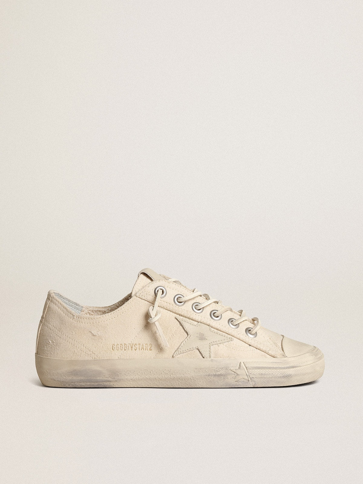 Golden Goose V Star in Canvas Color Bianco Panna con Stella in Pelle Color Bianco Latte
