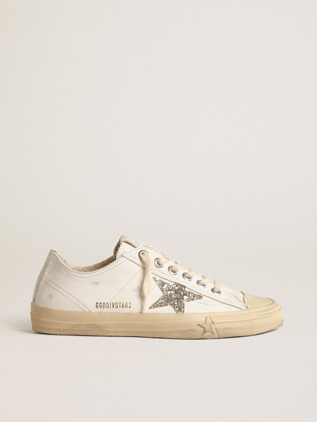 Golden Goose V Star in Pelle Bianca con Stella in Glitter Color Platino