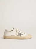 Golden Goose V Star in Pelle Bianca con Stella in Glitter Color Platino