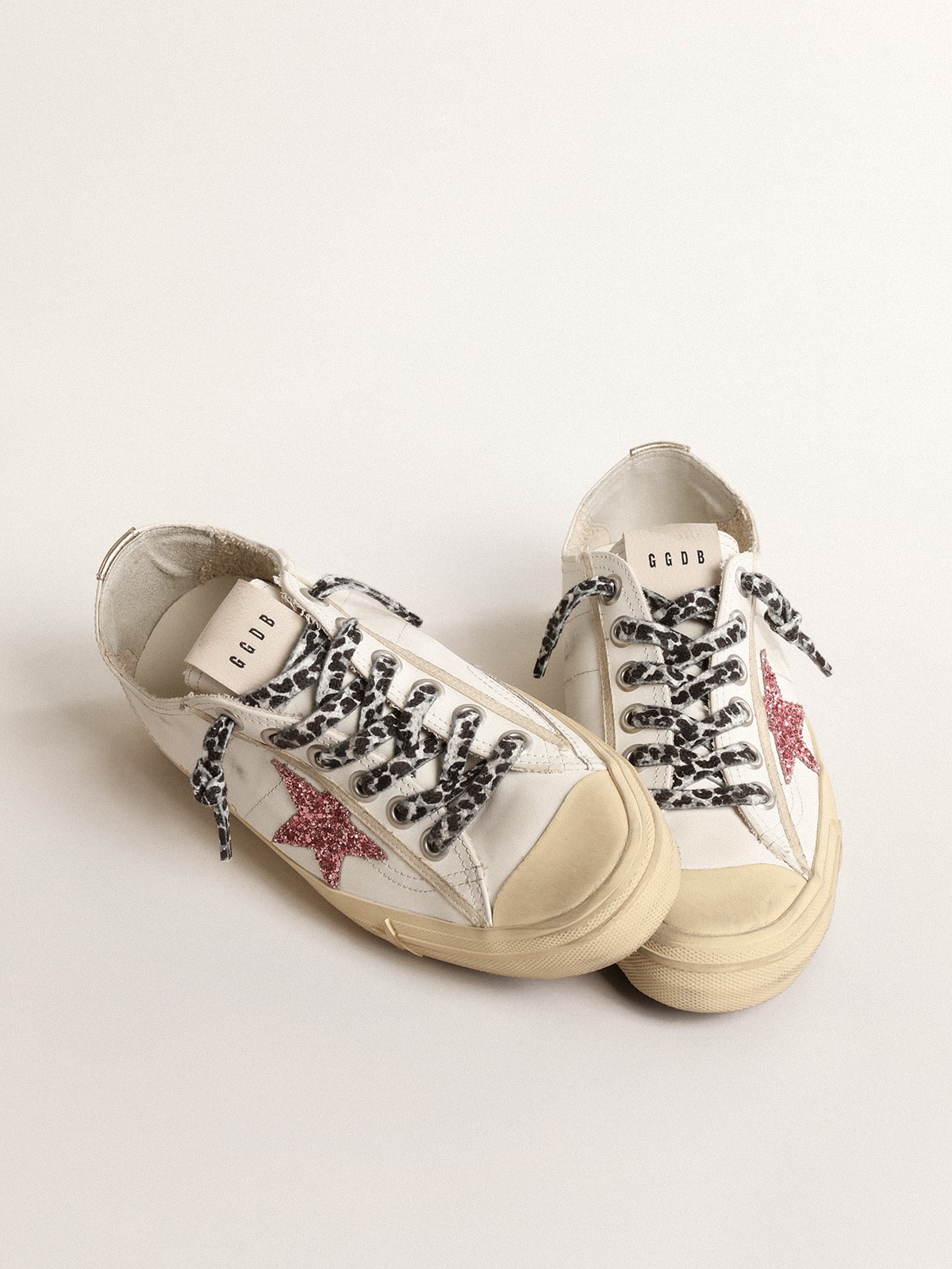 Golden Goose V Star con Stella in Glitter Rosa e Talloncino in Pelle Laminata