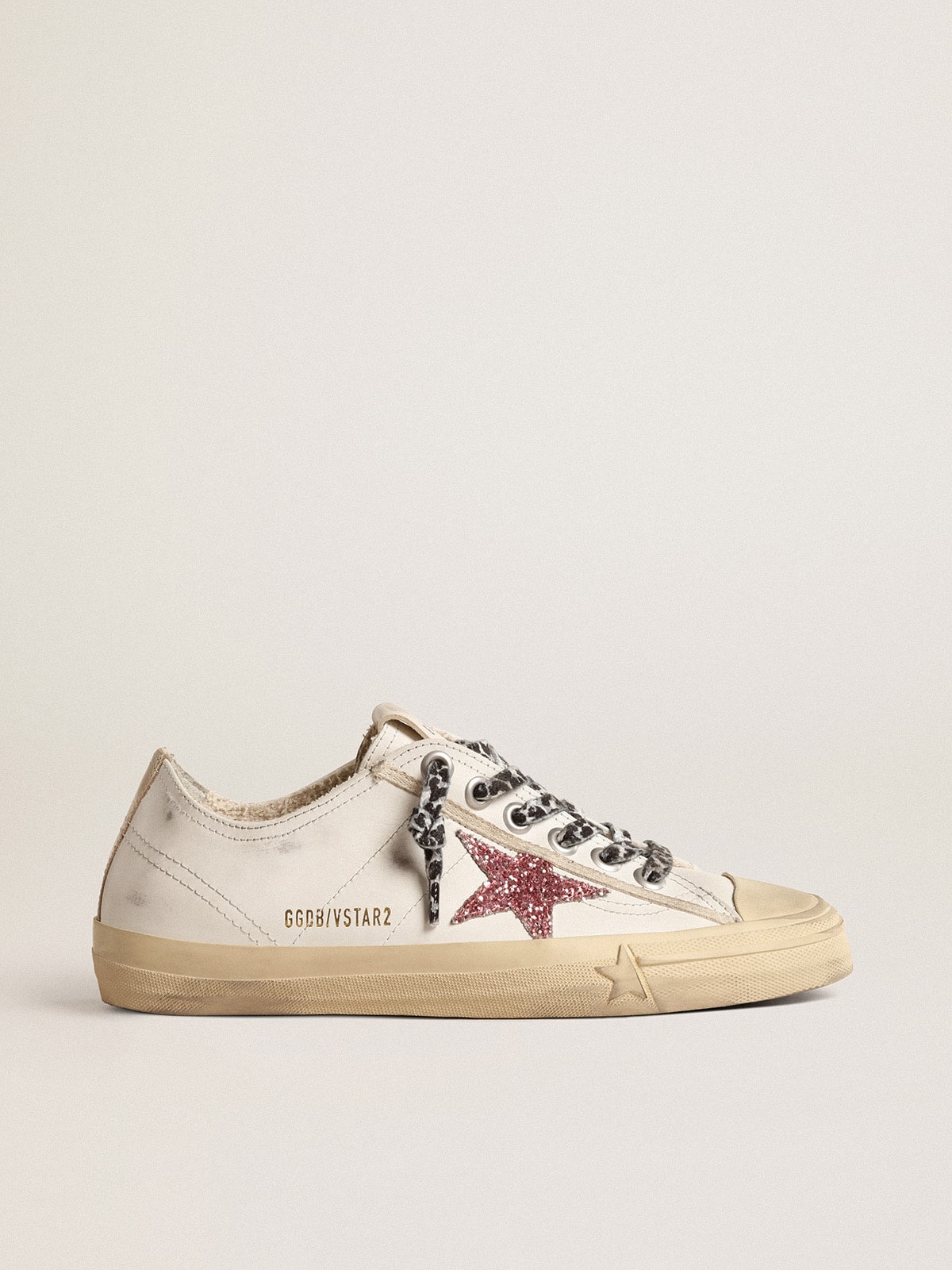 Golden Goose V Star con Stella in Glitter Rosa e Talloncino in Pelle Laminata