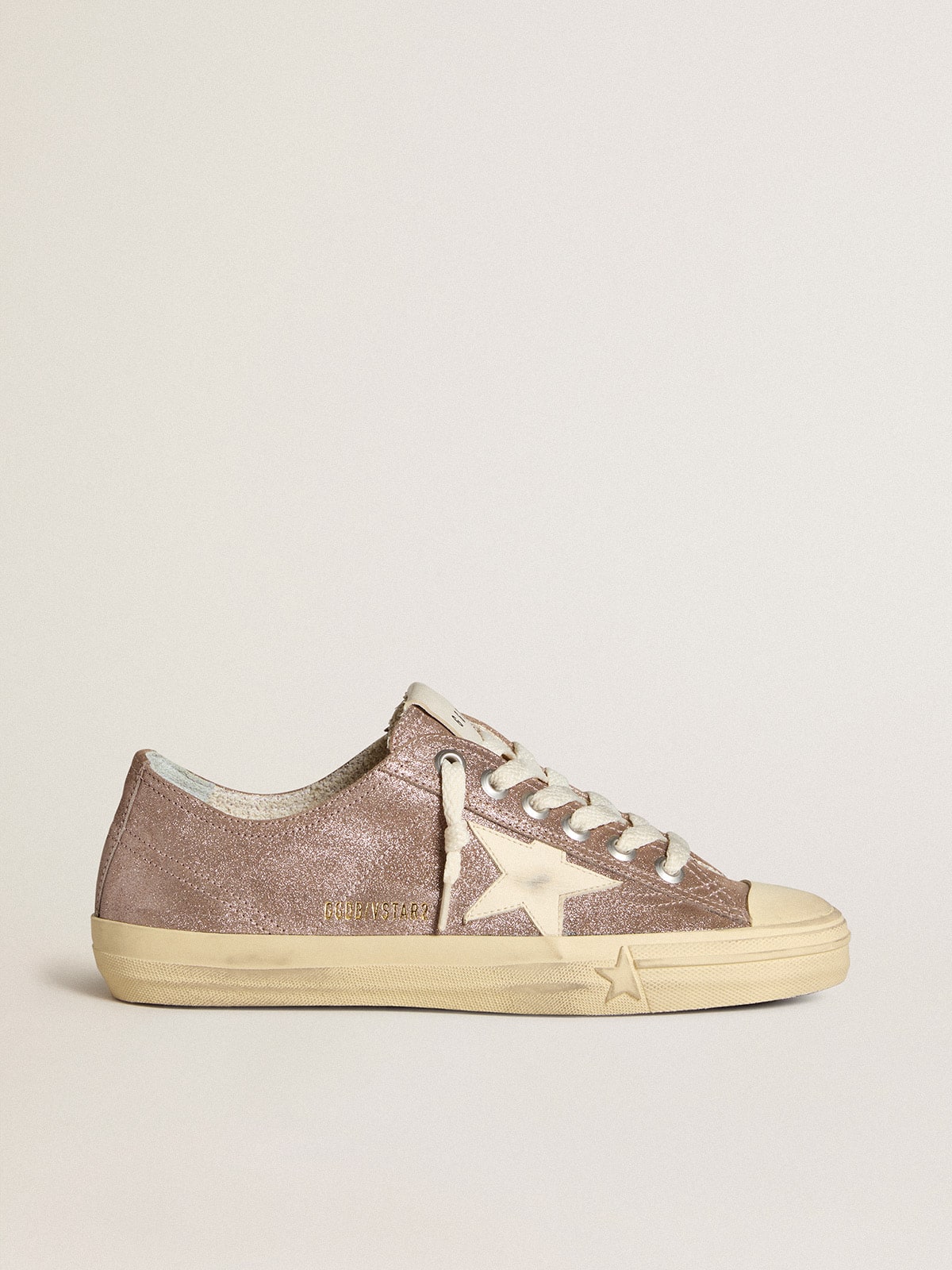 Golden Goose V Star Donna in Suede Laminato Marrone Chiaro con Stella in Pelle Crema