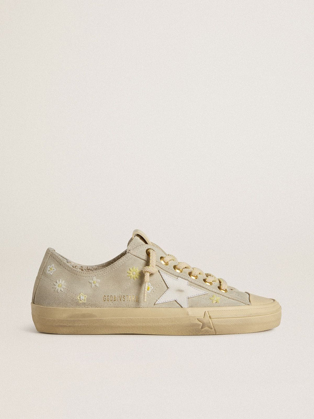 Golden Goose V Star Donna in Suede Grigio Ghiaccio con Stella in Pelle Bianca e Ricami Floreali