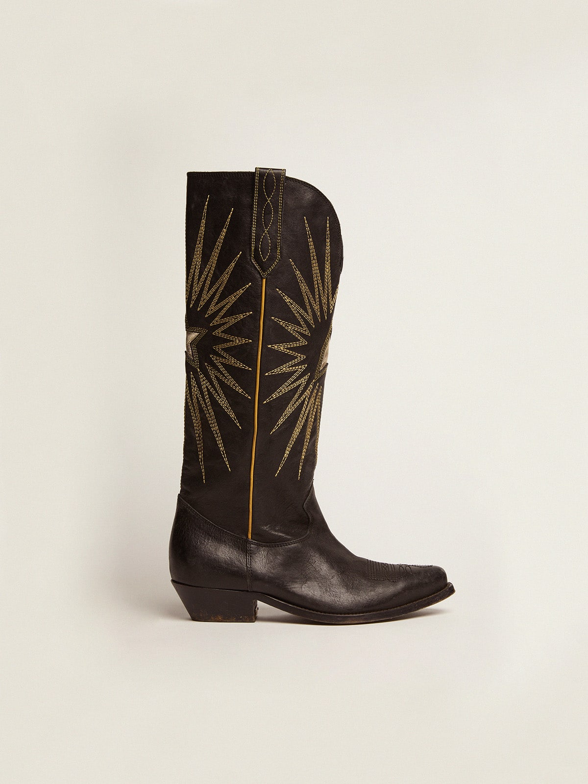 Golden Goose Stivali Wish Star in Pelle Nera con Stella a Intarsio in Pelle Laminata Color Platino