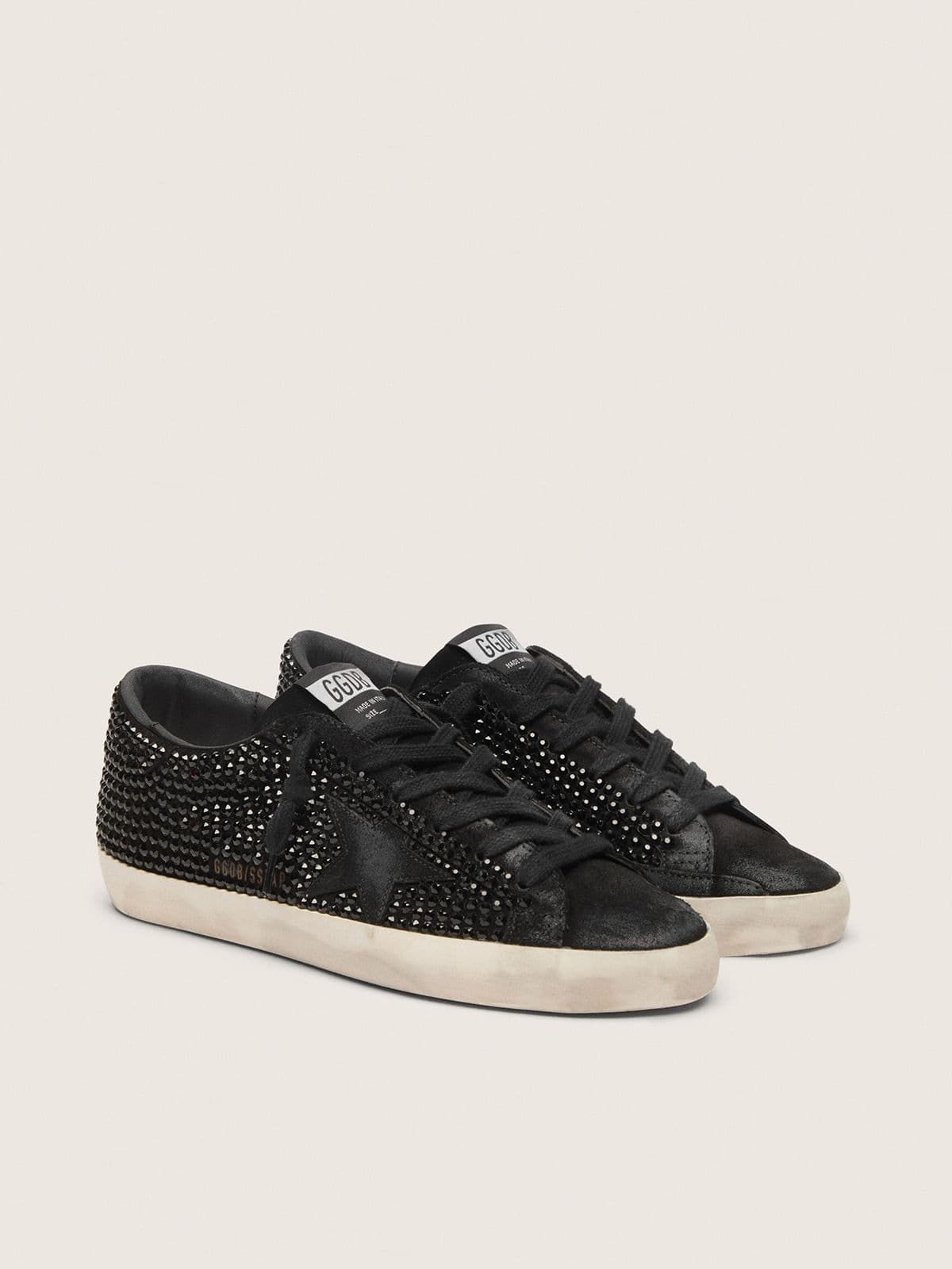 Golden Goose Super-Star in Suede Nero con Cristalli Swarovski e Stella in Suede Nero