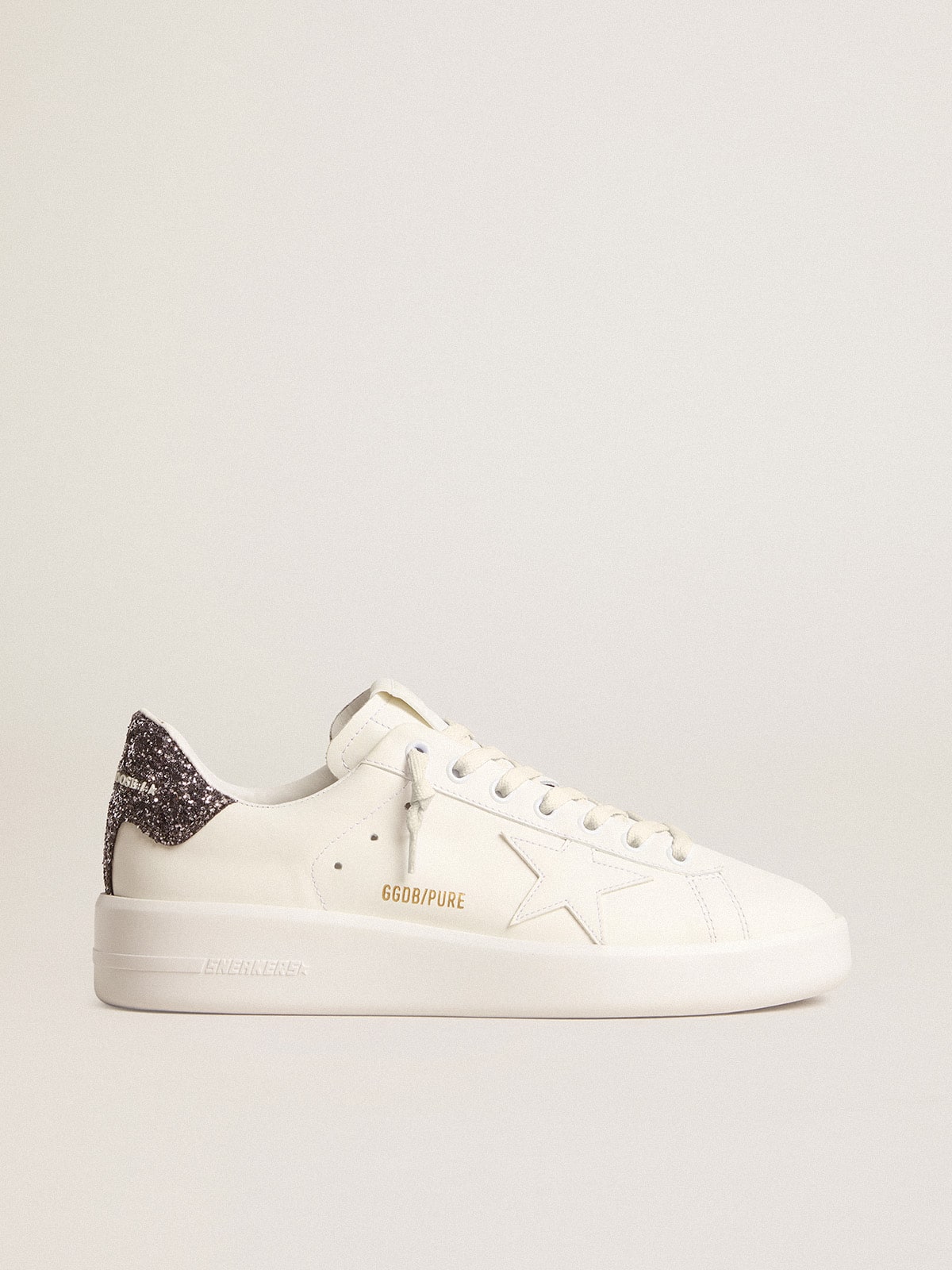 Golden Goose Purestar Donna con Stella in Pelle Bianca e Talloncino in Glitter Antracite