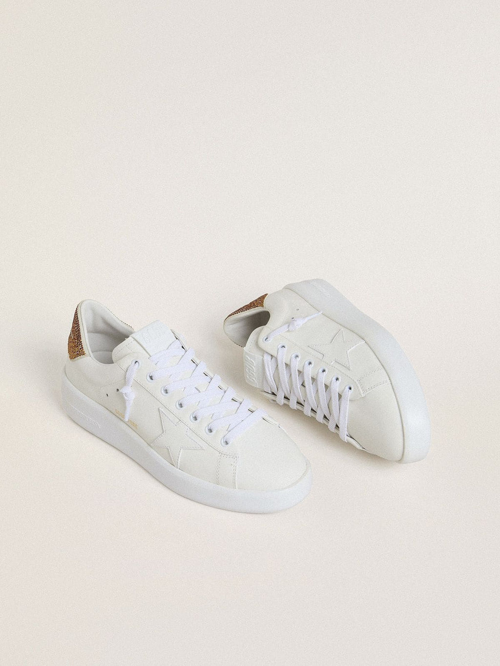 Golden Goose Purestar Donna con Stella in Pelle Bianca e Talloncino con Cristalli Marroni