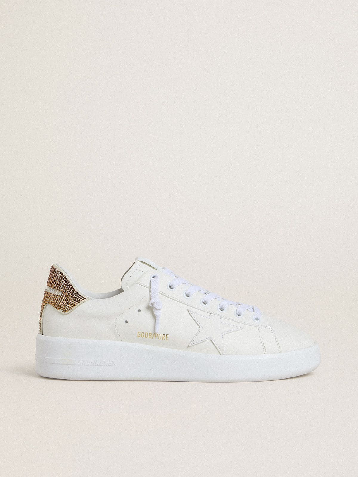 Golden Goose Purestar Donna con Stella in Pelle Bianca e Talloncino con Cristalli Marroni
