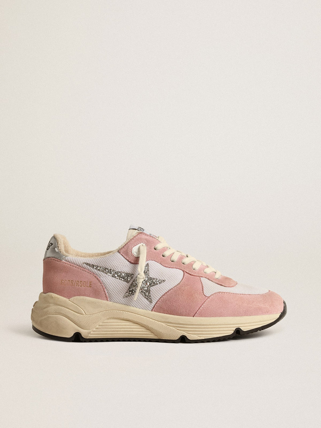 Golden Goose Running Sole Donna in Rete Grigia e Suede con Stella in Glitter Argento