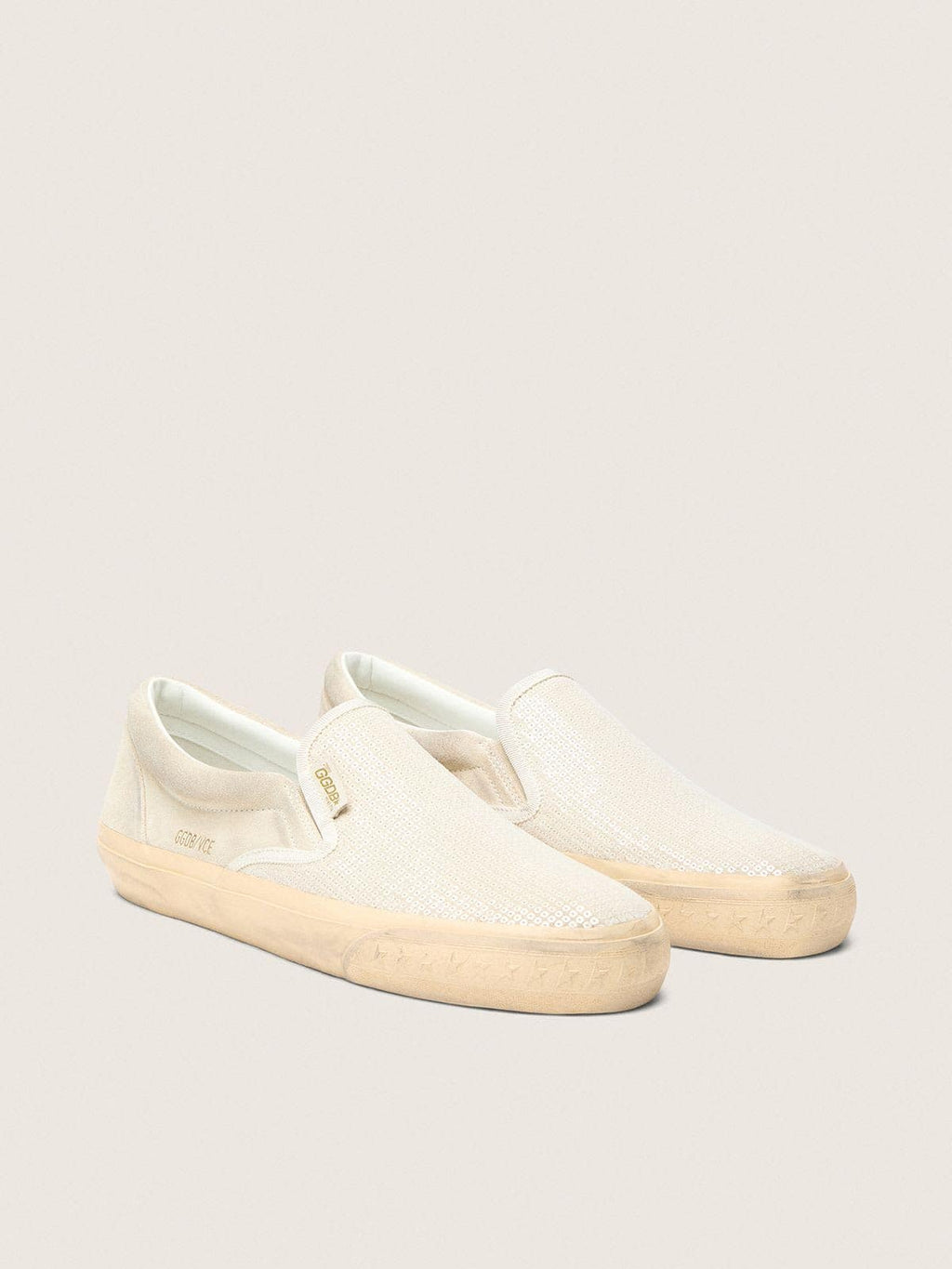 Golden Goose Vce Penstar Donna in Suede Beige e Pailletes Color Perla