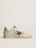 Golden Goose Ball Star Donna in Nappa e Rete Bianca con Stella in Nabuk Color Tabacco e Talloncino Beige