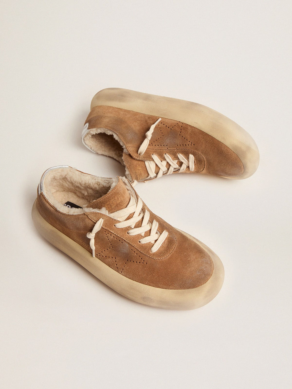 Golden Goose Scarpe Space Star Donna in Suede Color Tabacco e Fodera in Shearling