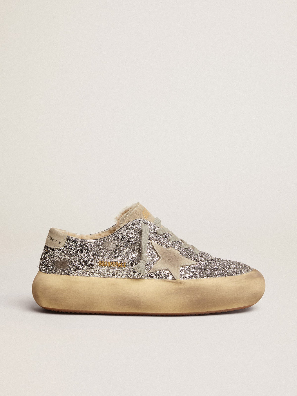 Golden Goose Scarpe Space Star Donna in Glitter Argento e Fodera in Shearling