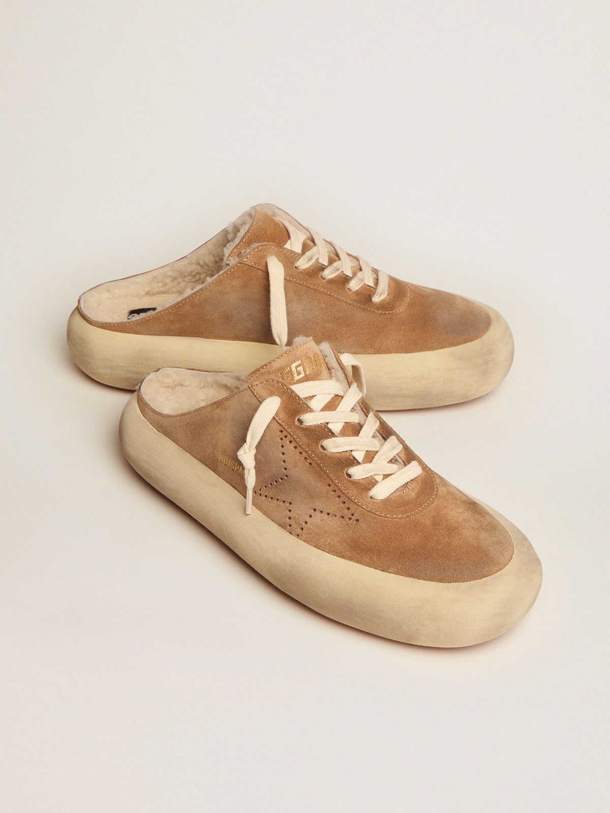 Golden Goose Scarpe Space Star Sabot Donna in Suede Color Tabacco e Fodera in Shearling