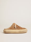 Golden Goose Scarpe Space Star Sabot Donna in Suede Color Tabacco e Fodera in Shearling