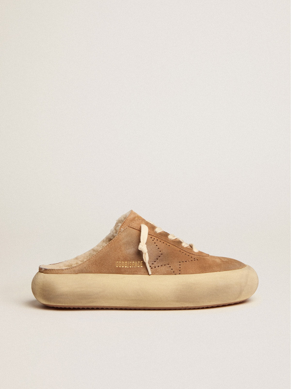 Golden Goose Scarpe Space Star Sabot Donna in Suede Color Tabacco e Fodera in Shearling