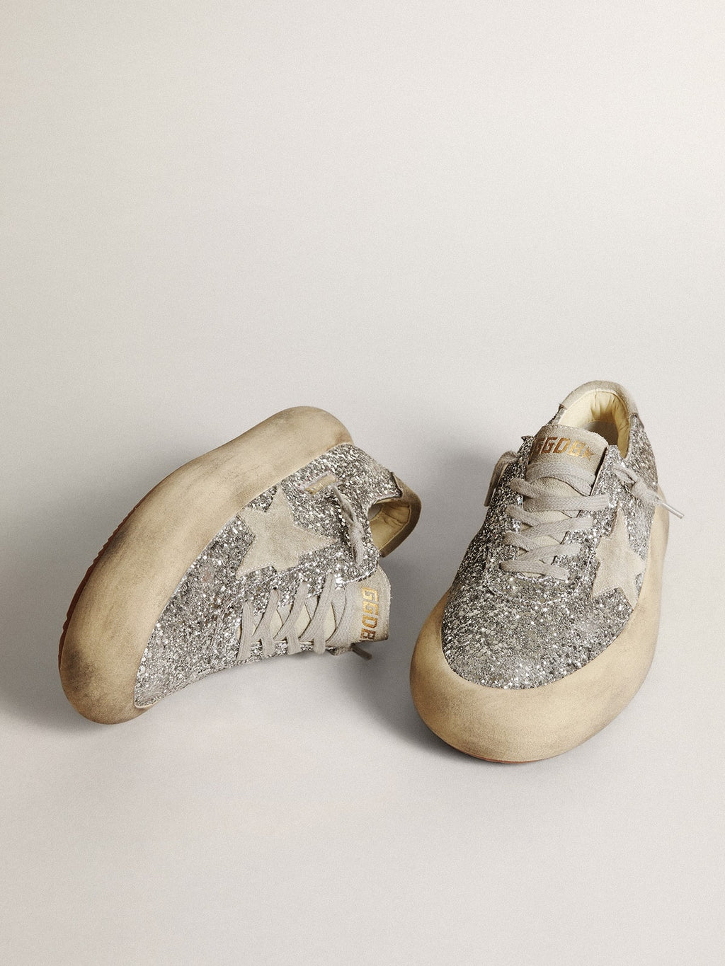 Golden Goose Space Star Donna in Glitter Argento con Stella Color Grigio Ghiaccio