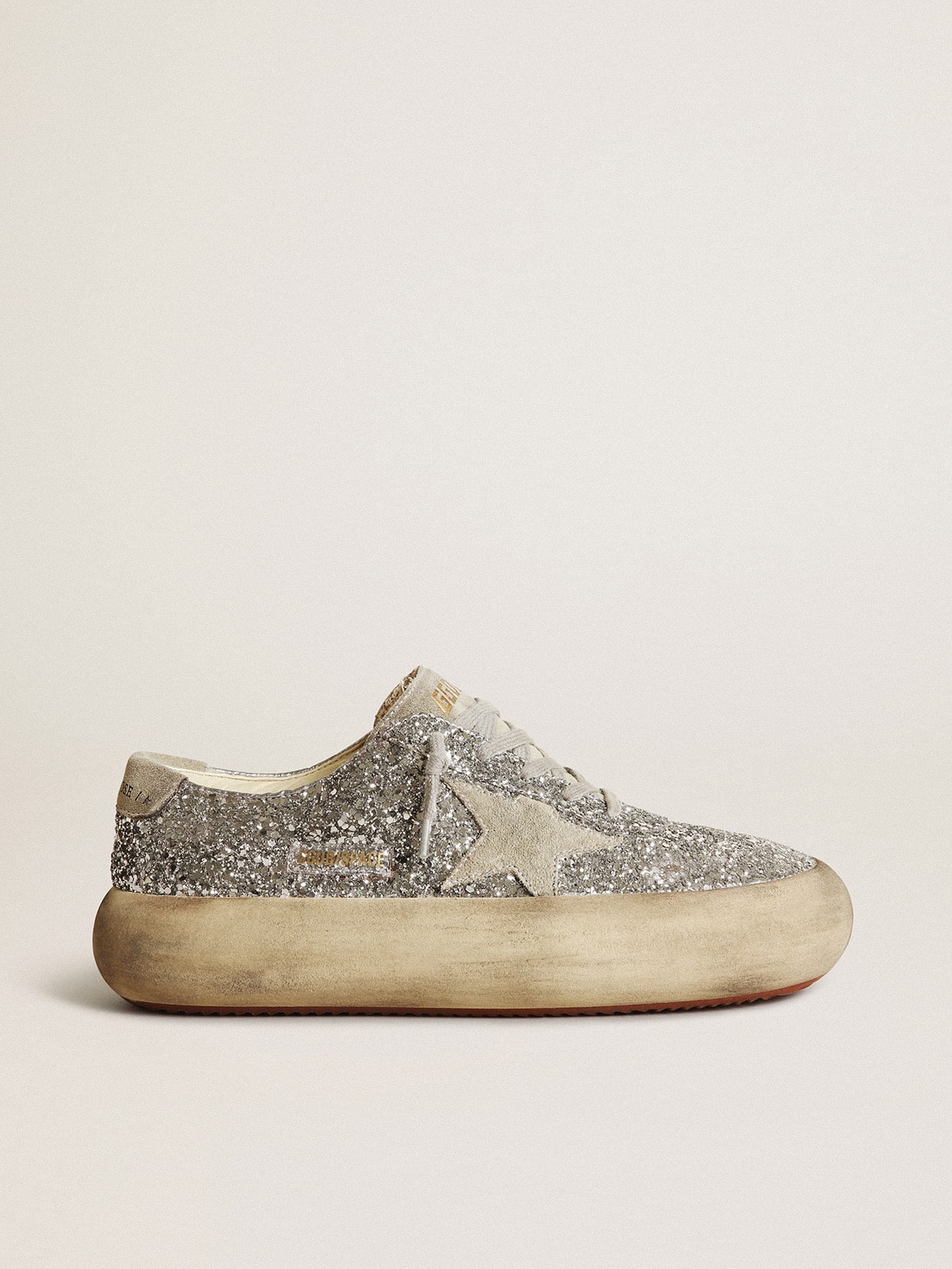 Golden Goose Space Star Donna in Glitter Argento con Stella Color Grigio Ghiaccio