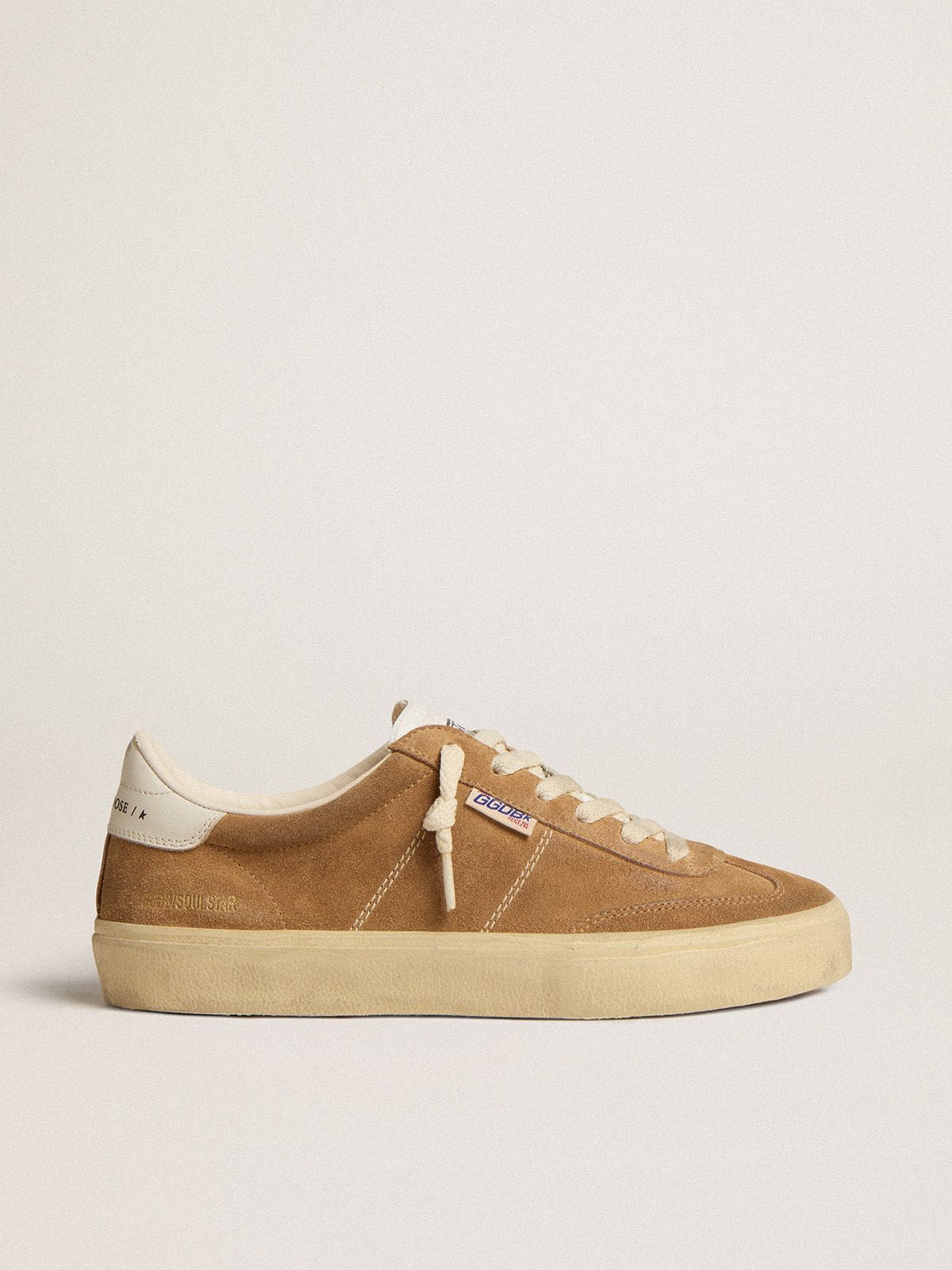 Golden Goose Soul Star Donna in Suede Color Cammello con Talloncino e Linguetta in Pelle Bianca
