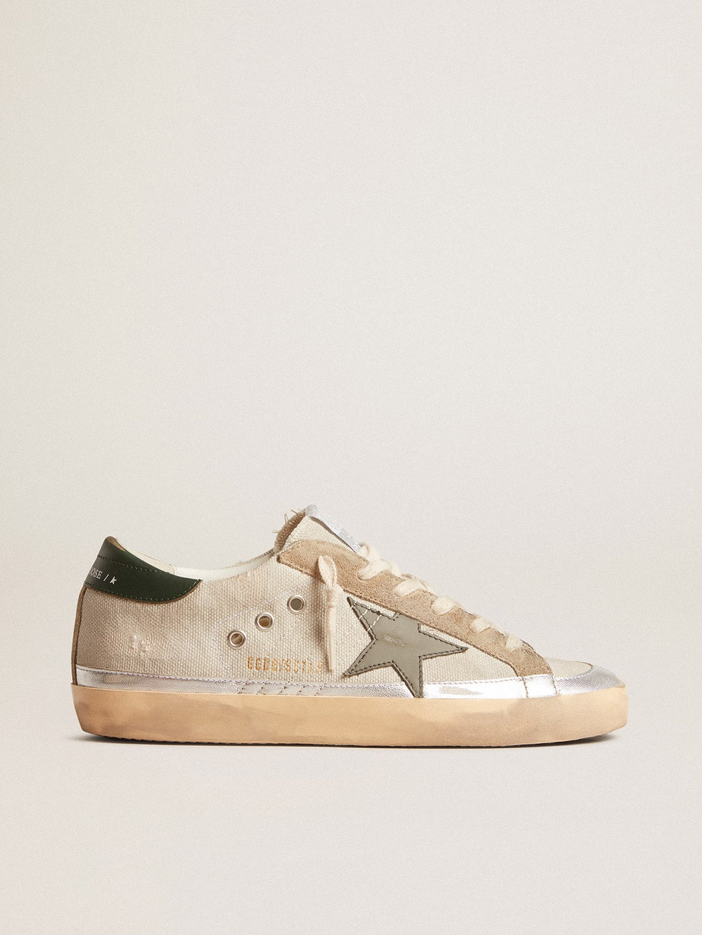 Golden Goose Super-Star in Canvas Grigio con Stella e Talloncino in Pelle Verde