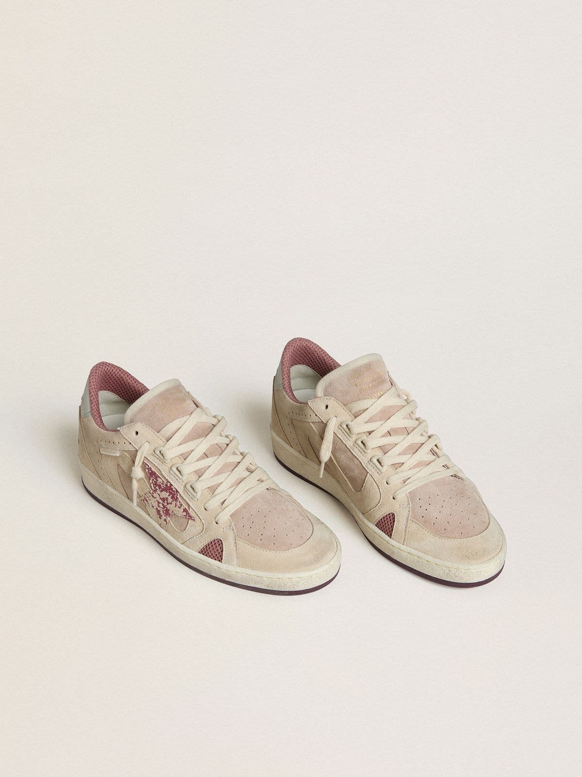 Golden Goose Ball Star Donna Ltd in Suede Rosa e Beige con Talloncino in Pelle Grigio Perla