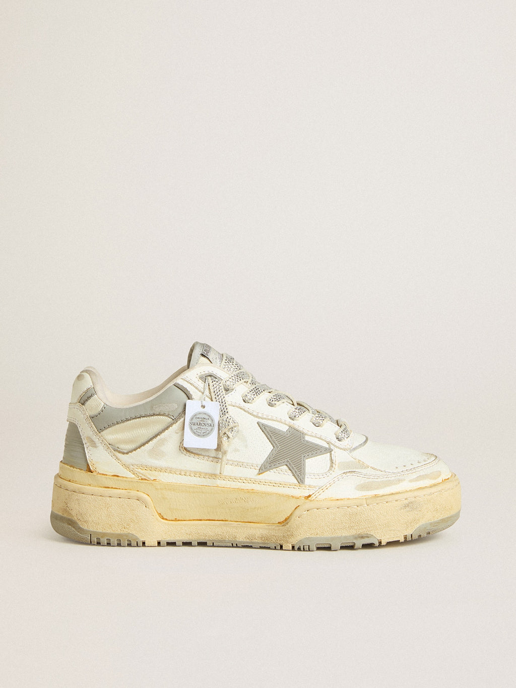 Golden Goose Forty2 Donna in Pelle Bianca e Lacci con Cristalli Swarovski e Stella Grigia
