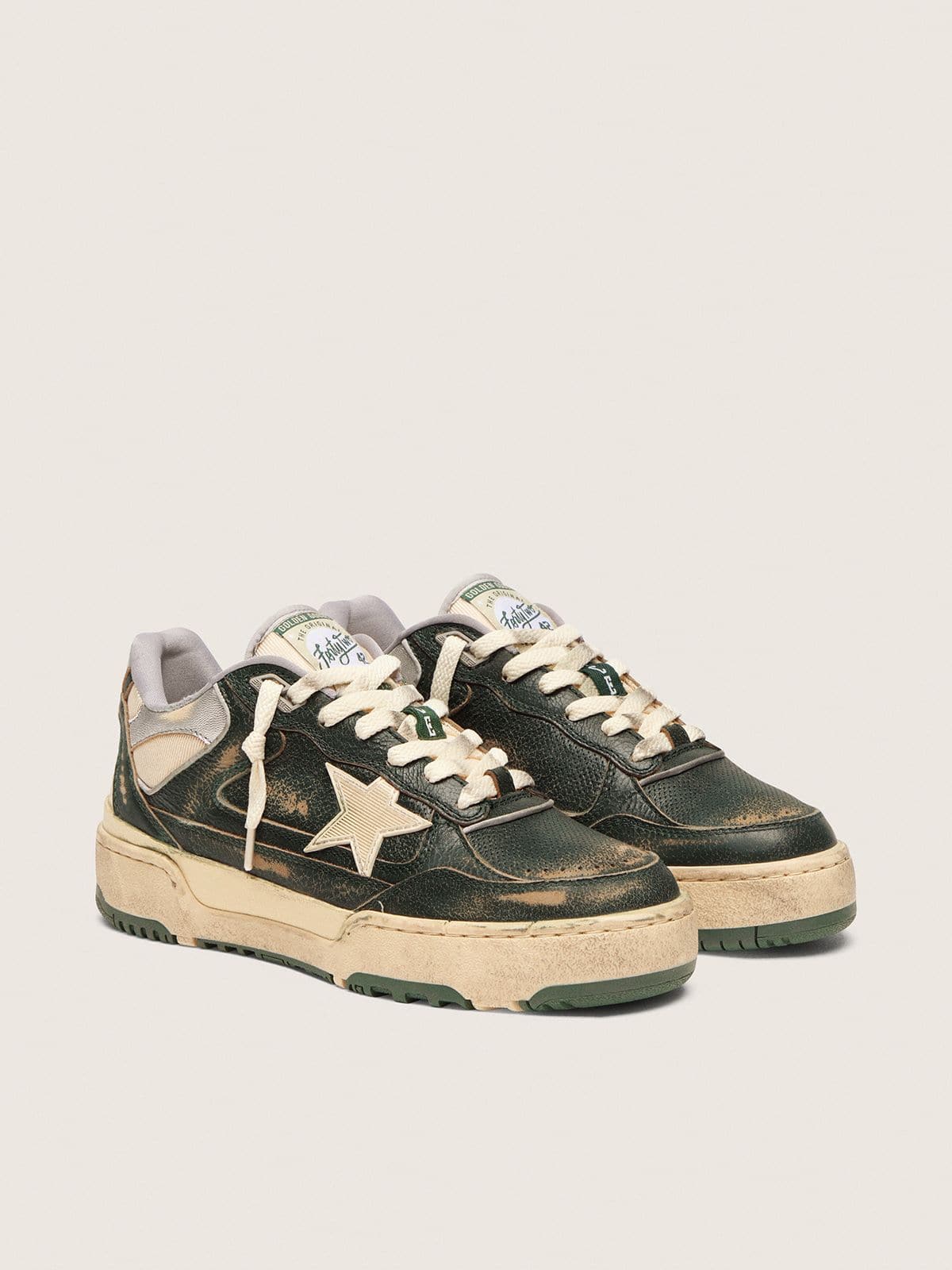 Golden Goose Forty2 Donna in Pelle Verde e Nylon Crema con Stella in Tpu e Talloncino in Pelle Argento