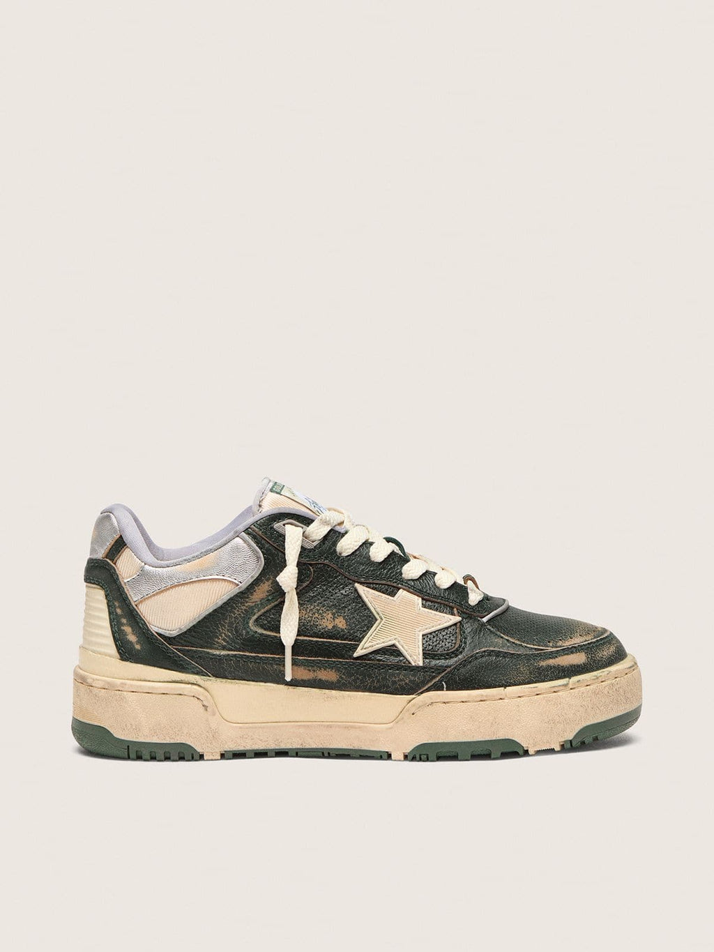 Golden Goose Forty2 Donna in Pelle Verde e Nylon Crema con Stella in Tpu e Talloncino in Pelle Argento