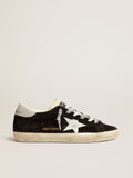Golden Goose Super-Star Donna Ltd in Suede Nero con Stella Stampata Bianca e Talloncino in Glitter Argento