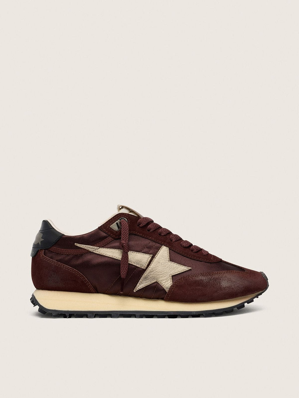 Golden Goose Marathon Donna con Tomaia in Satin Color Marrone e Stella in Pelle Platino