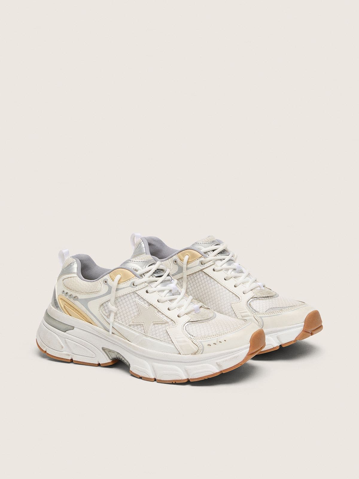 Golden Goose Lightstar Donna in Pelle e Mesh Bianchi e Stella Bianco Vissuto