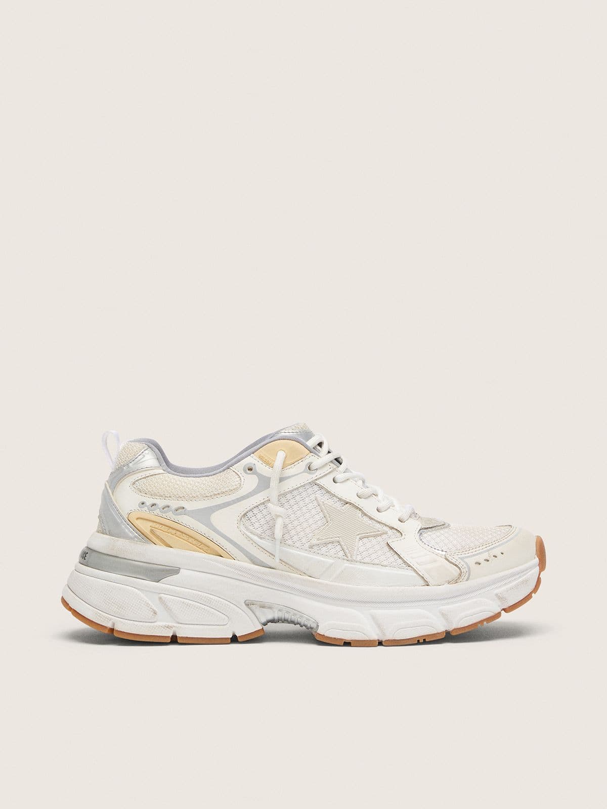 Golden Goose Lightstar Donna in Pelle e Mesh Bianchi e Stella Bianco Vissuto