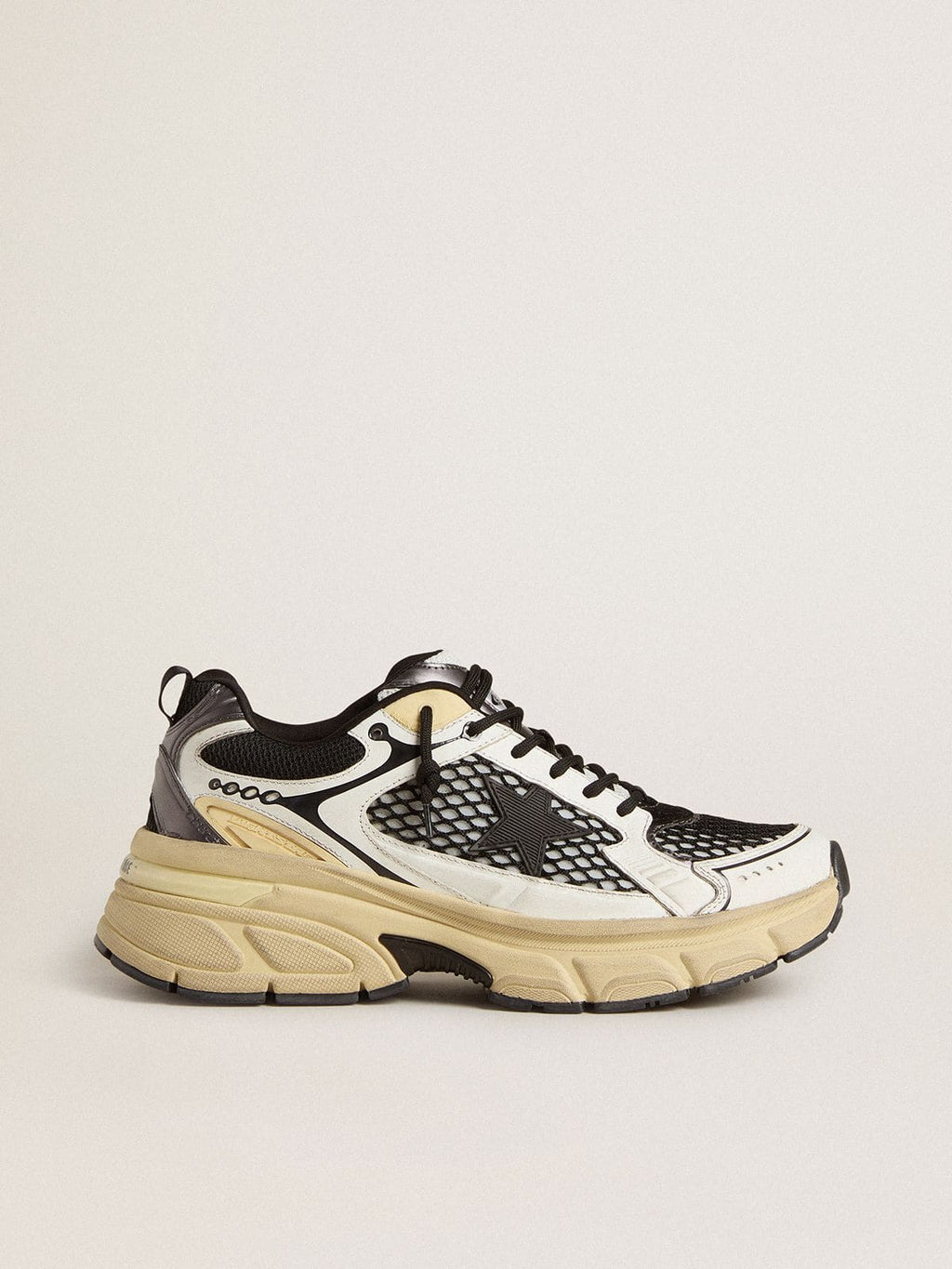 Golden Goose Lightstar Donna in Pelle Bianca e Rete Nera con Stella in Tpu Nera