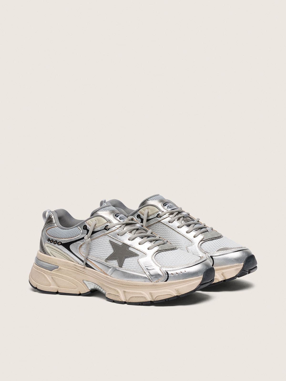 Golden Goose Lightstar Donna in Mesh Grigio e Nappa Argento con Stella in Tpu Grigio