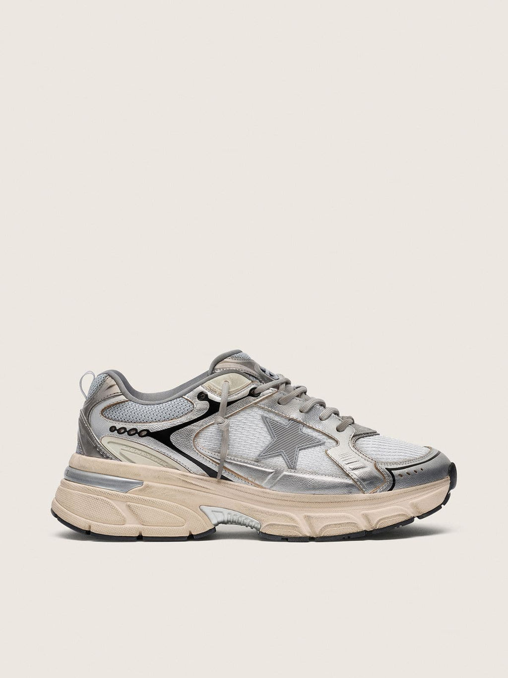 Golden Goose Lightstar Donna in Mesh Grigio e Nappa Argento con Stella in Tpu Grigio