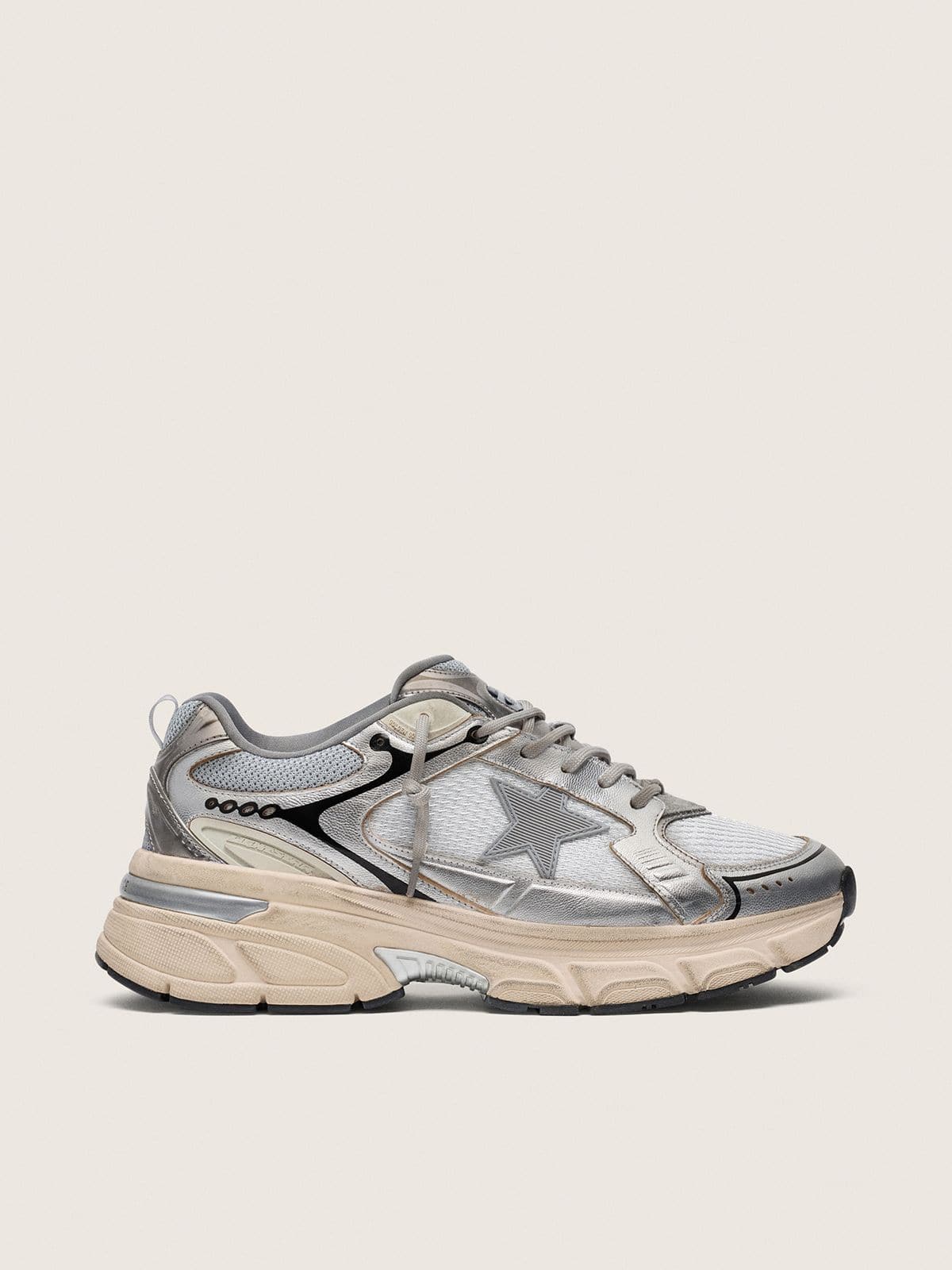 Golden Goose Lightstar Donna in Mesh Grigio e Nappa Argento con Stella in Tpu Grigio