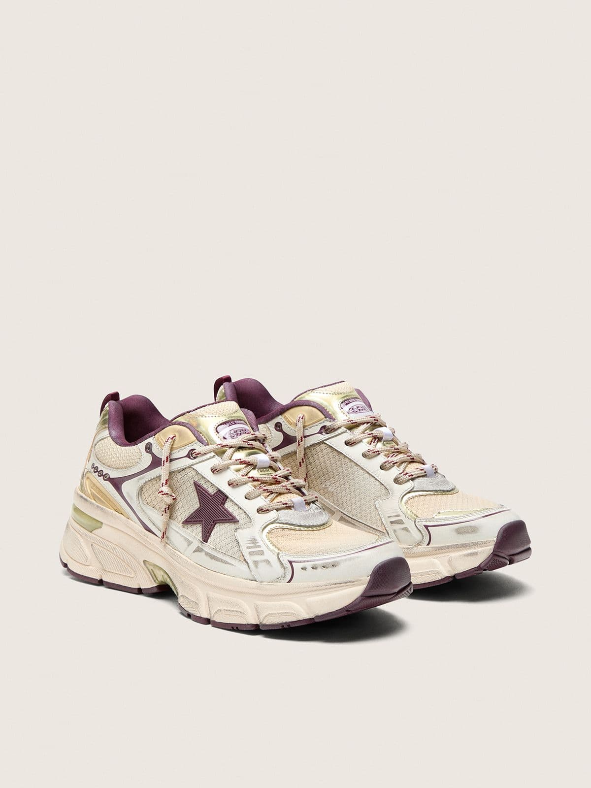 Golden Goose Lightstar Donna Cny in Mesh e Pelle Bianchi con Stella in Tpu Rosso Vino