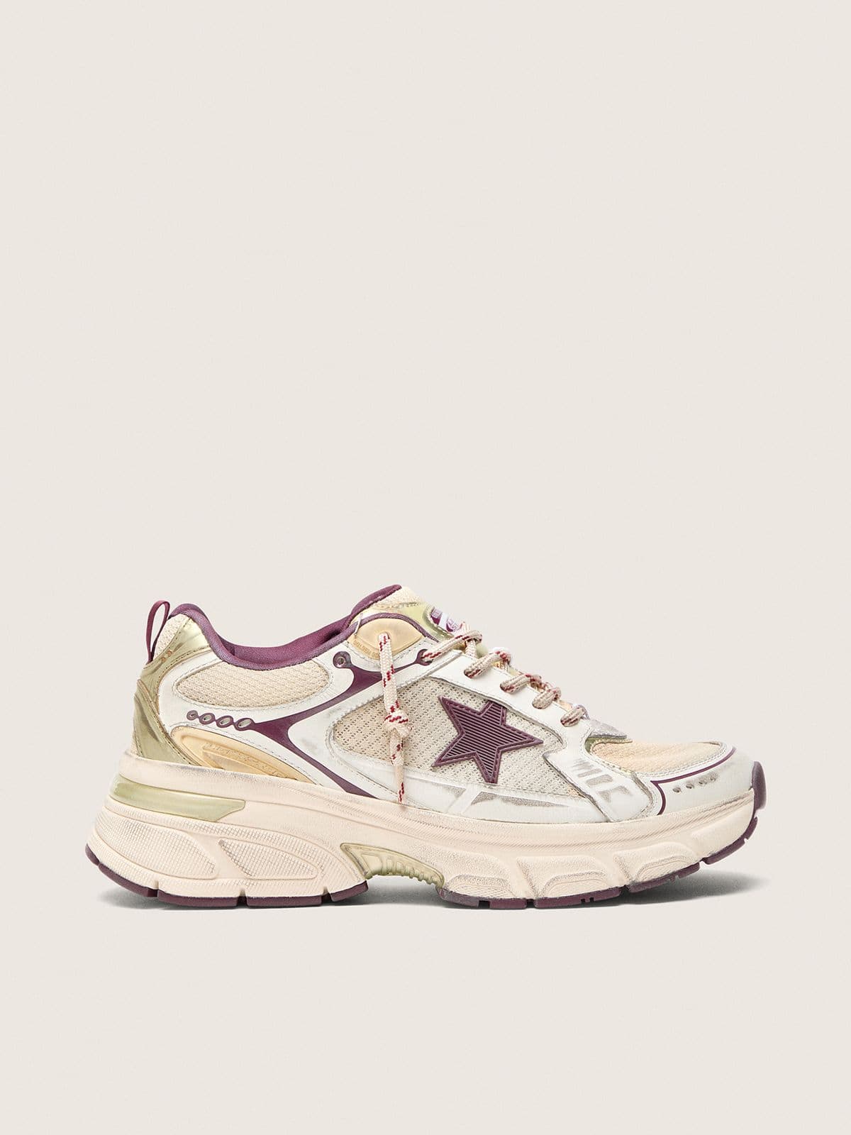 Golden Goose Lightstar Donna Cny in Mesh e Pelle Bianchi con Stella in Tpu Rosso Vino