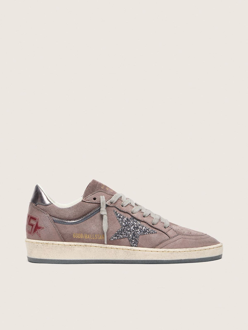 Golden Goose Ball Star Donna in Suede Lavanda con Stella in Glitter Argento e Talloncino in Pelle Laminata