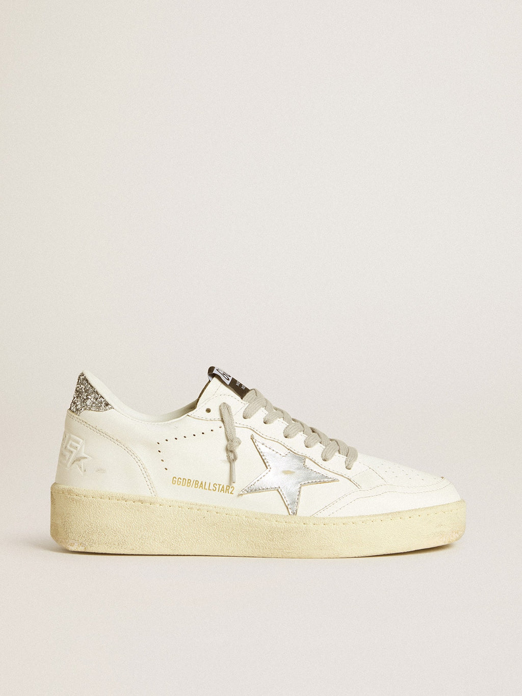 Golden Goose Ball Star Donna con Stella in Pelle Argento e Talloncino in Glitter Argento