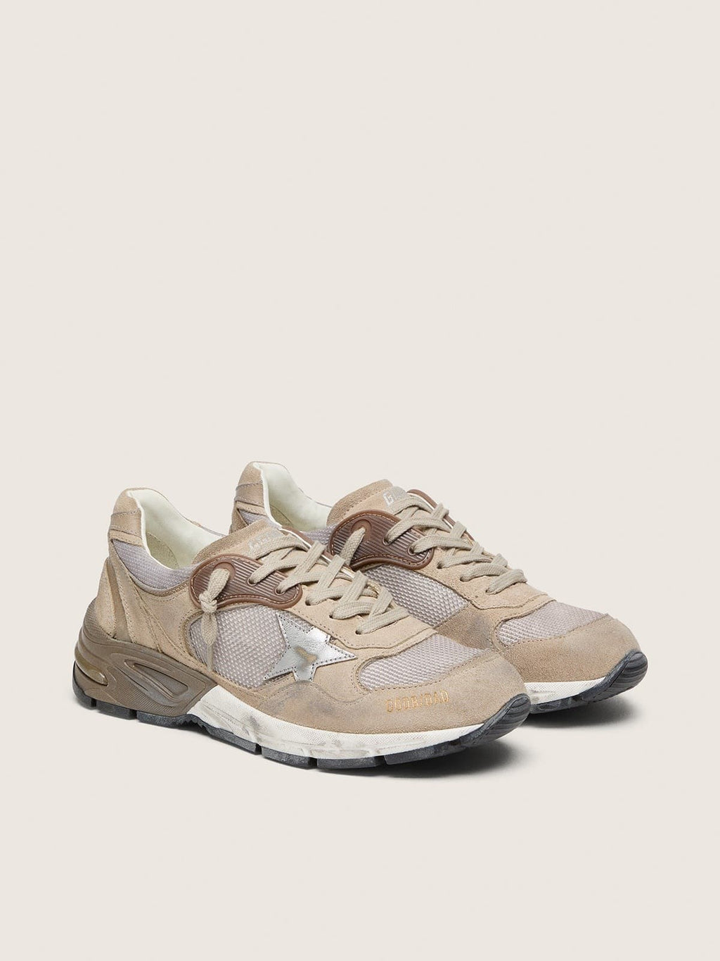 Golden Goose Dad Star Donna in Rete e Suede Beige con Stella in Pelle Argento