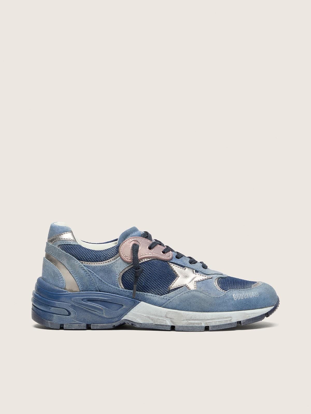Golden Goose Dad Star Donna in Suede Blu Denim con Stella in Pelle Argento