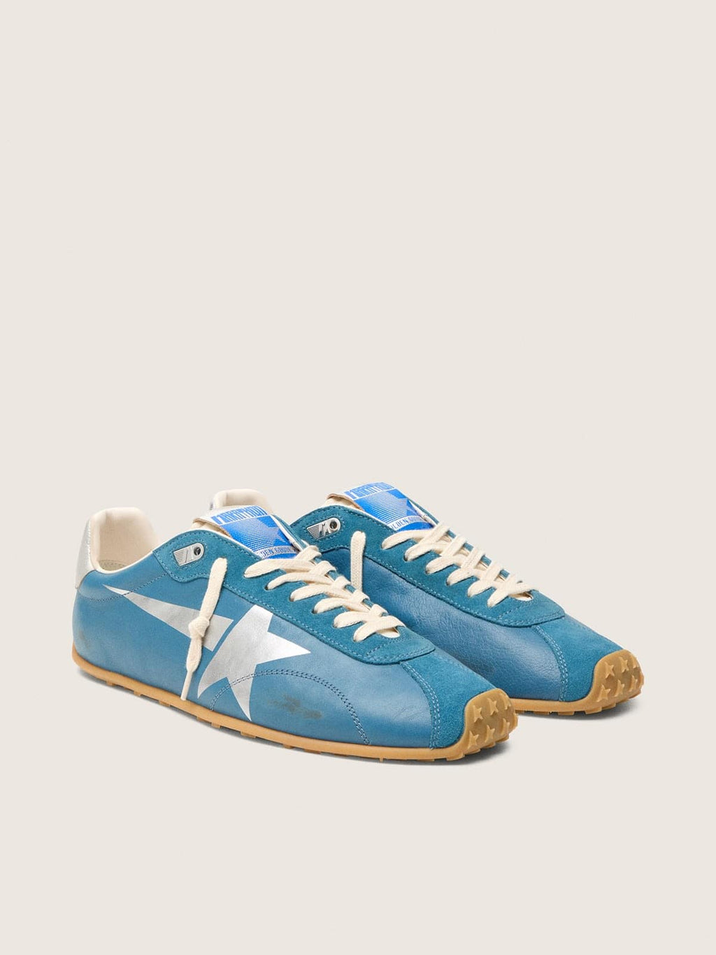 Golden Goose Marathon Speed Donna in Nappa Blu con Stella Stampata e Talloncino in Pelle Argento