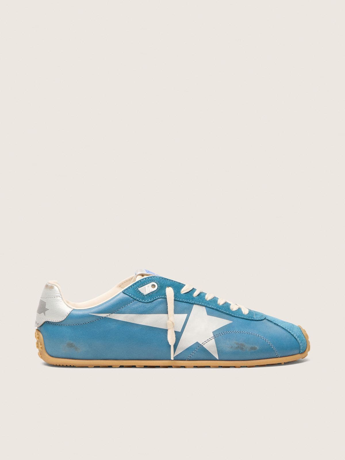 Golden Goose Marathon Speed Donna in Nappa Blu con Stella Stampata e Talloncino in Pelle Argento