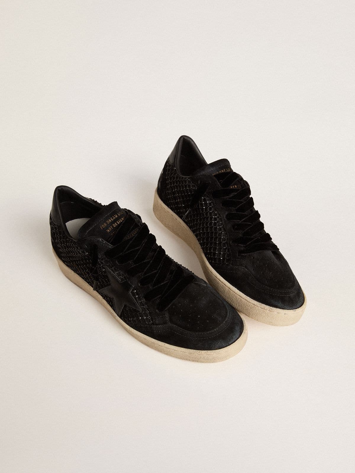 Golden Goose Ball Star Donna a Rete con Cristalli Swarovski con Stella e Talloncino in Pelle Laminata Nera