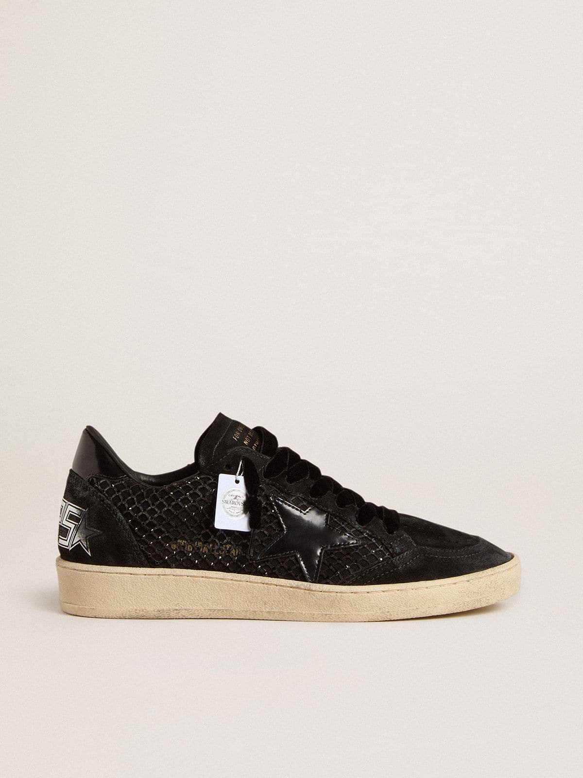 Golden Goose Ball Star Donna a Rete con Cristalli Swarovski con Stella e Talloncino in Pelle Laminata Nera