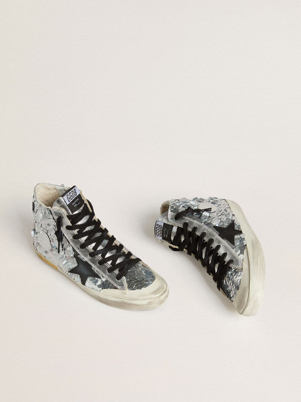 Golden Goose Francy Donna in Nylon con Ricami in Paillettes Argentate All Over e Stella in Pelle Nera