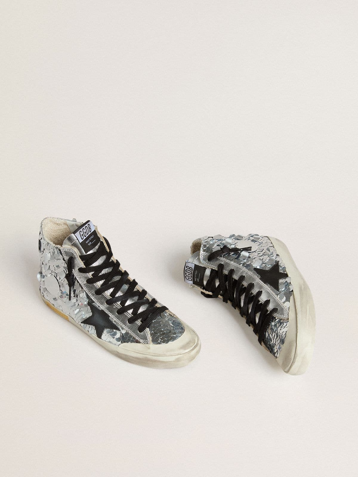 Golden Goose Francy Donna in Nylon con Ricami in Paillettes Argentate All Over e Stella in Pelle Nera