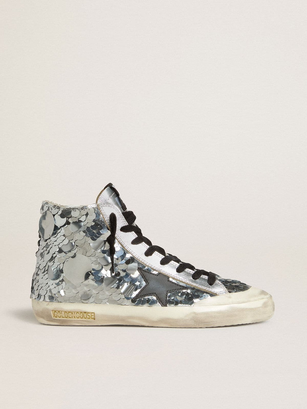 Golden Goose Francy Donna in Nylon con Ricami in Paillettes Argentate All Over e Stella in Pelle Nera