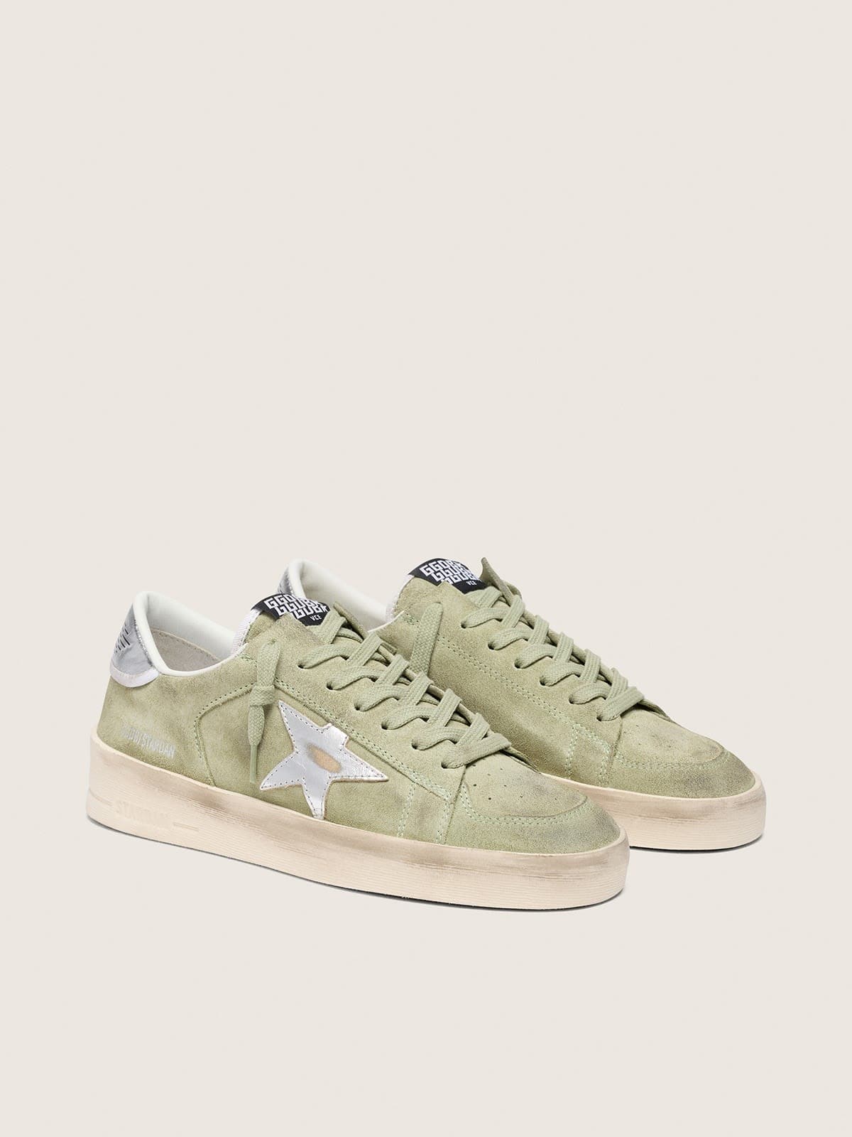 Golden Goose Stardan Donna in Suede Verde Salvia con Stella Laminata Argento